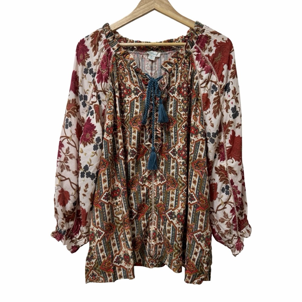 Sundance Womens Floral Peasant Tassel Top Size LP Boho Western Prairie Cottage